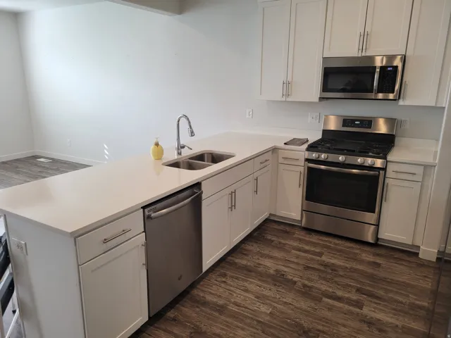 Kitchen featuring dark wood-style flooring, stainless steel appliances, a peninsula, white cabinetry, and light stone countertops