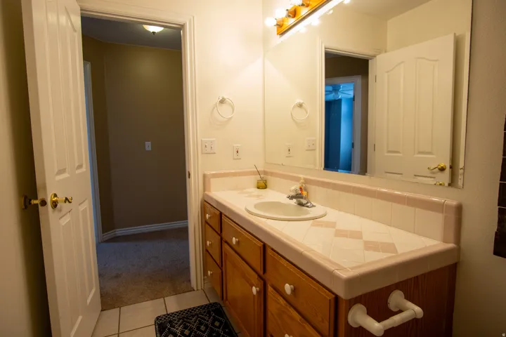 Bathroom with vanity, light tile patterned floors, and light colored carpet