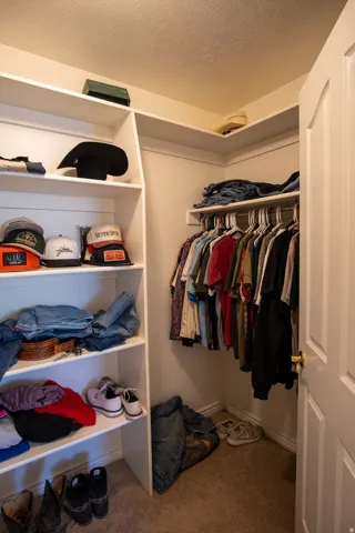 Walk in closet with dark colored carpet