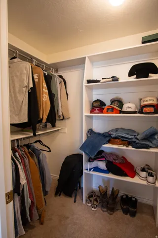 Walk in closet featuring light carpet