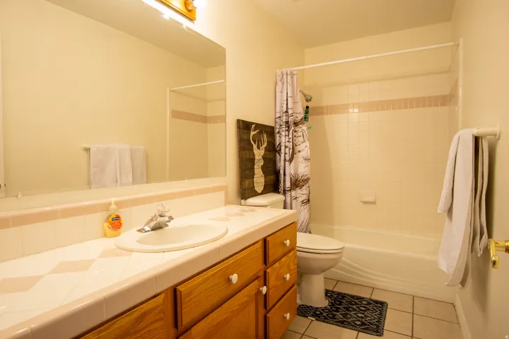 Bathroom featuring vanity, shower / bath combo with shower curtain, and light tile patterned floors