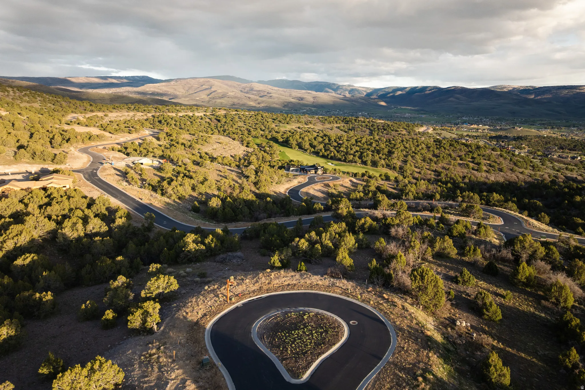 Bird's eye view of a mountainous background and a forest