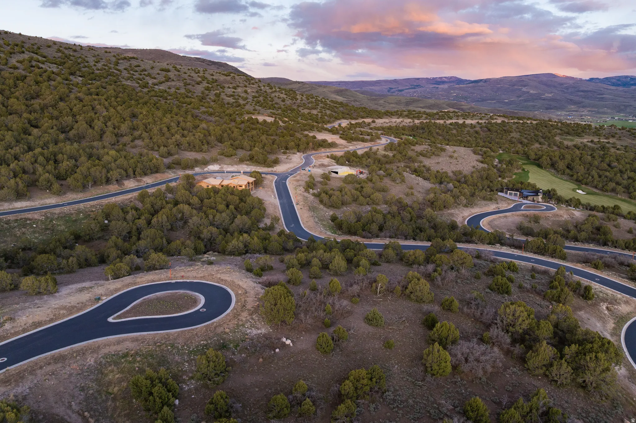 Aerial view at dusk of a mountain view