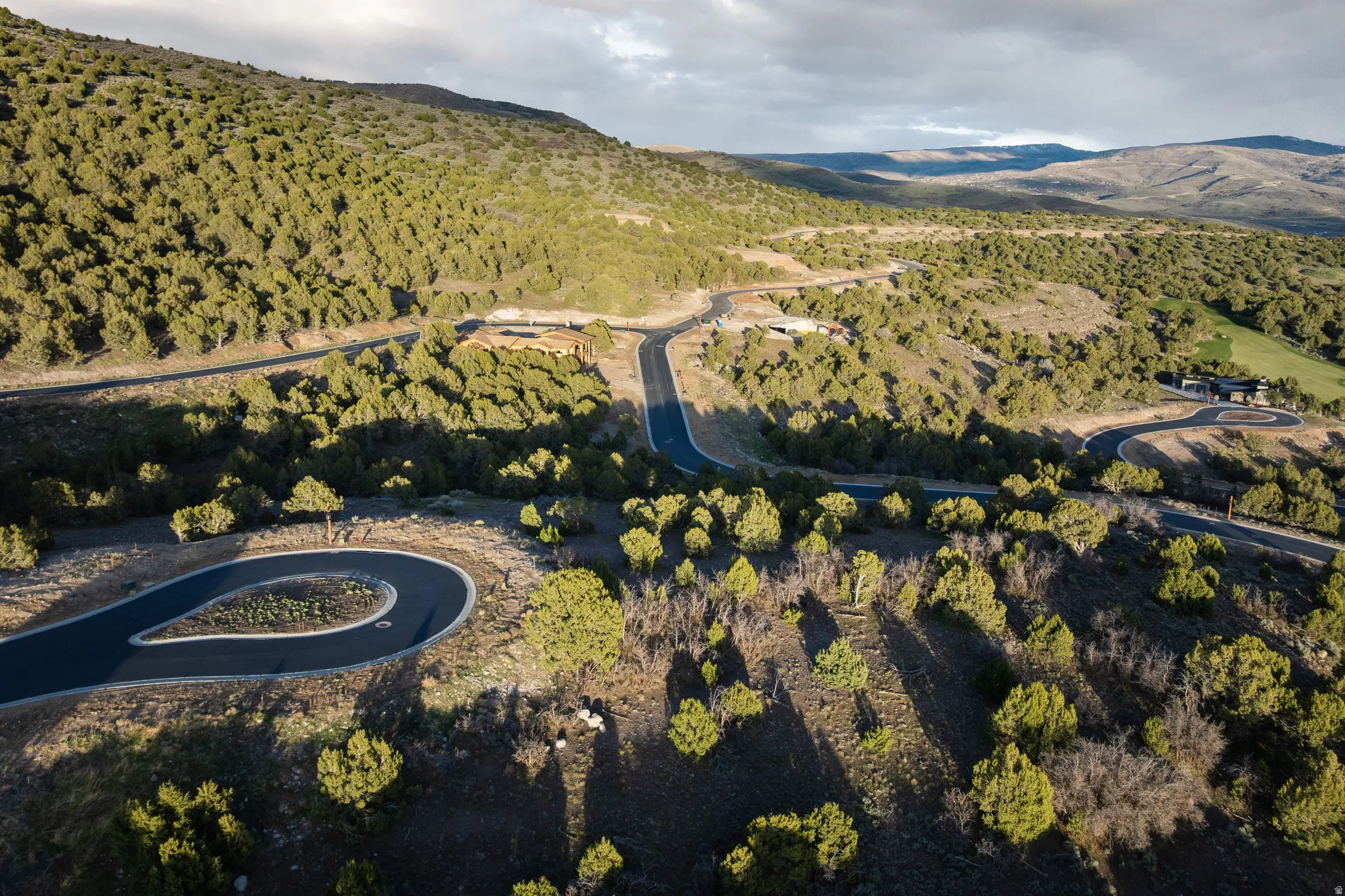 Bird's eye view of a mountainous background and a forest