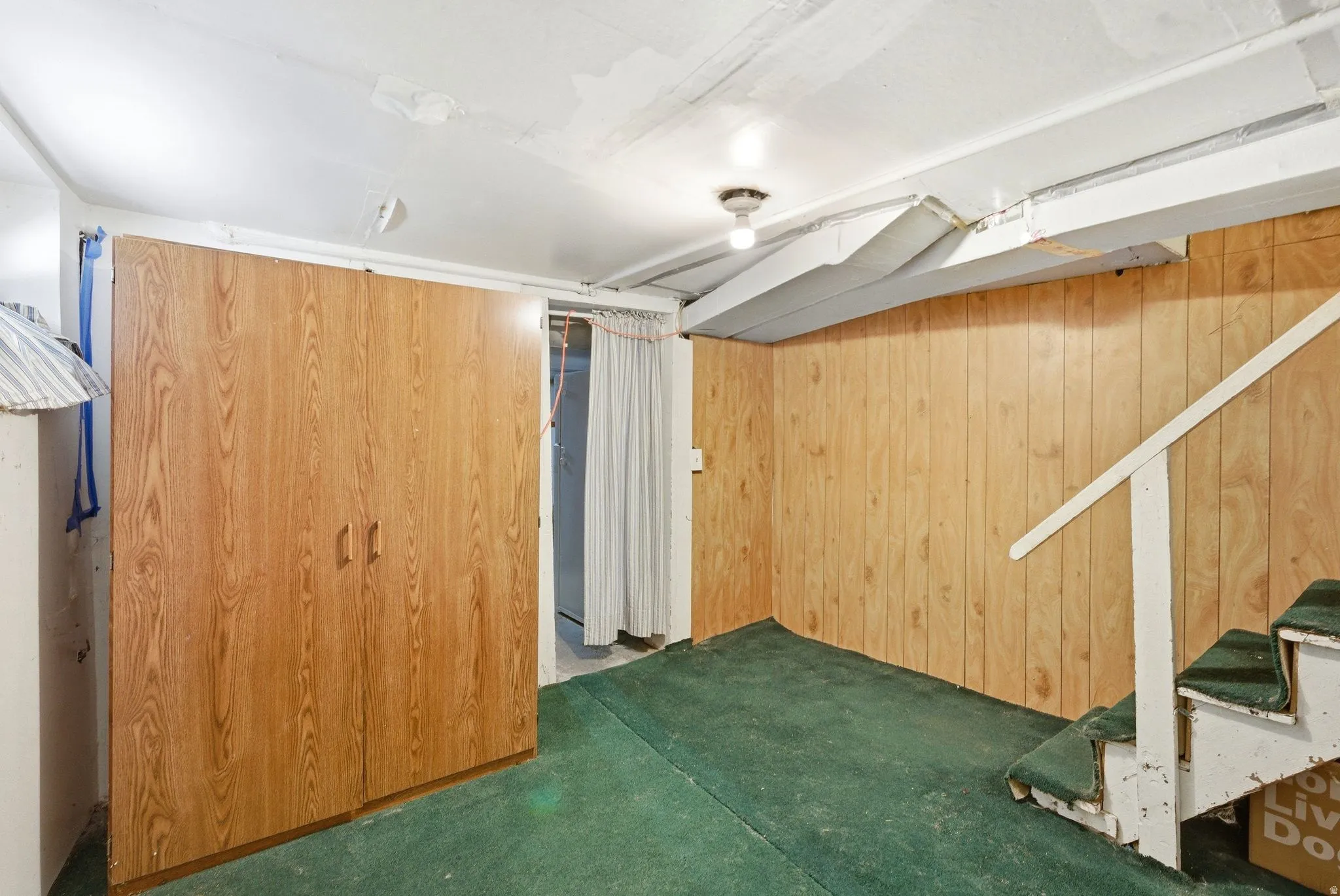 Finished below grade area with wooden walls and carpet floors