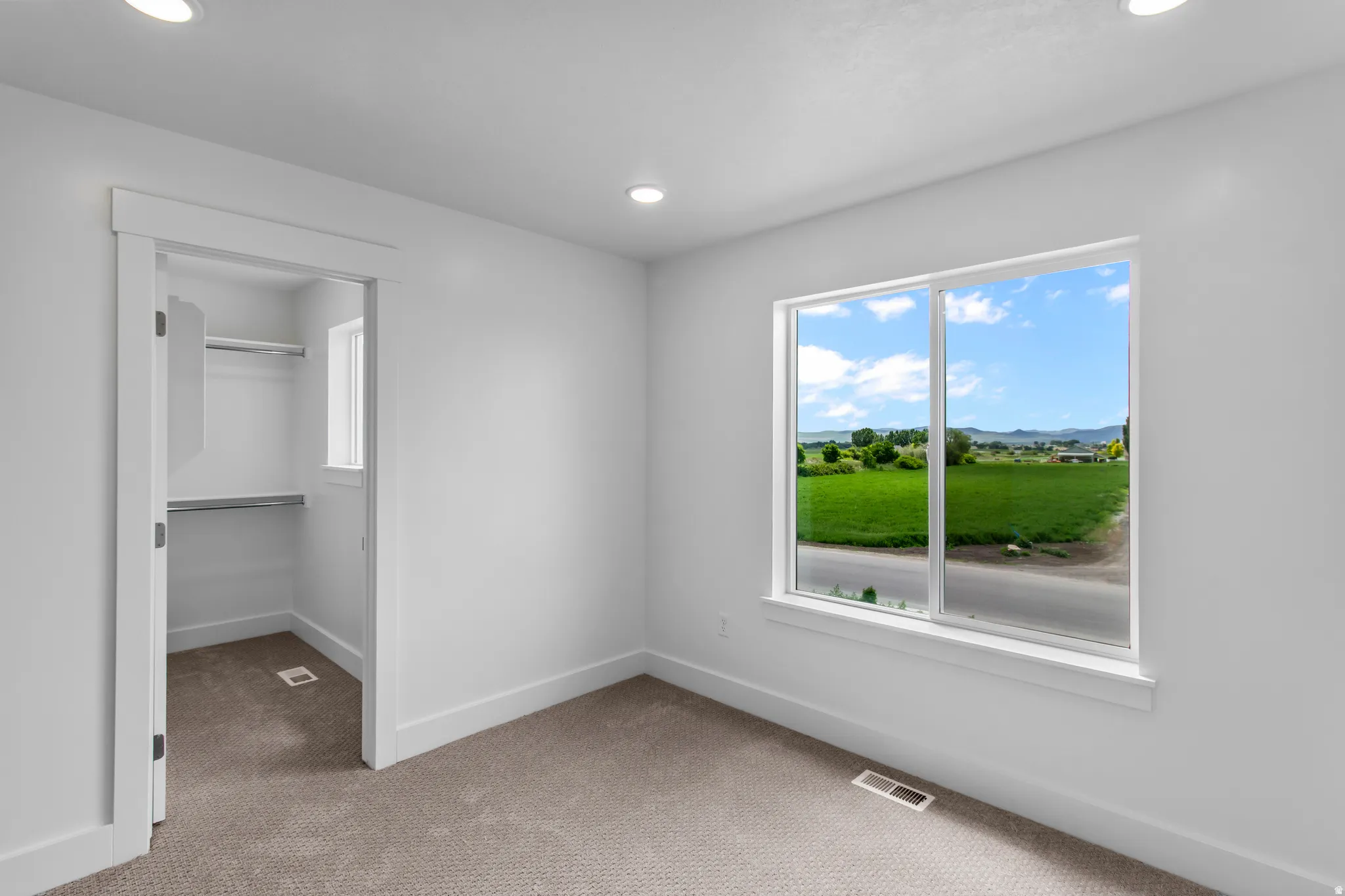 Unfurnished bedroom with light colored carpet, a spacious closet, and recessed lighting