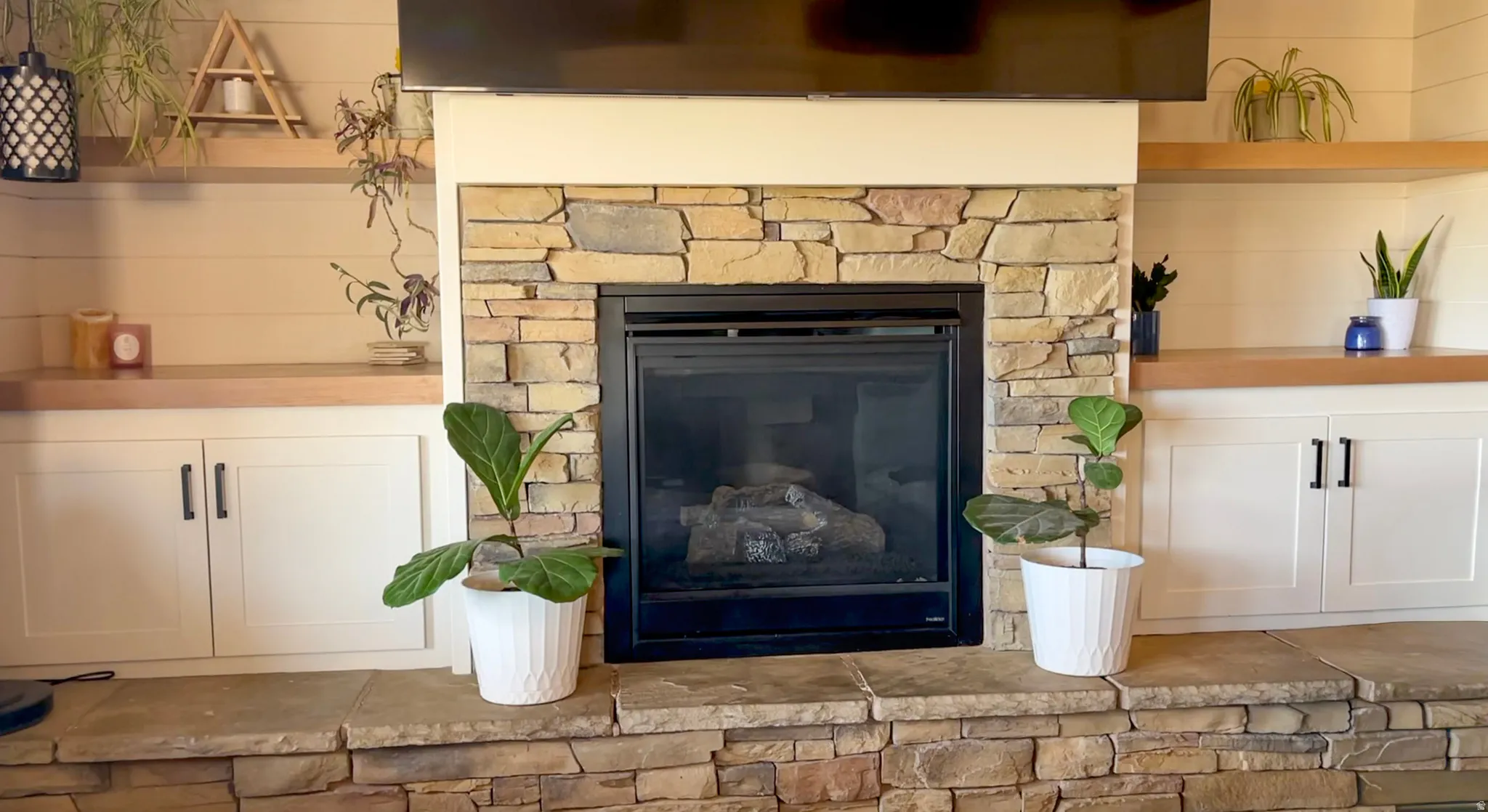 Detailed view of a stone fireplace