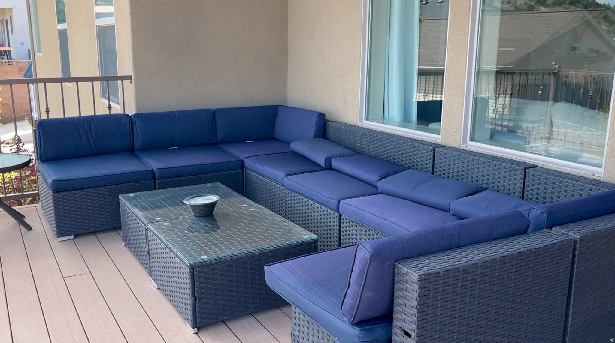 Wooden deck with an outdoor hangout area