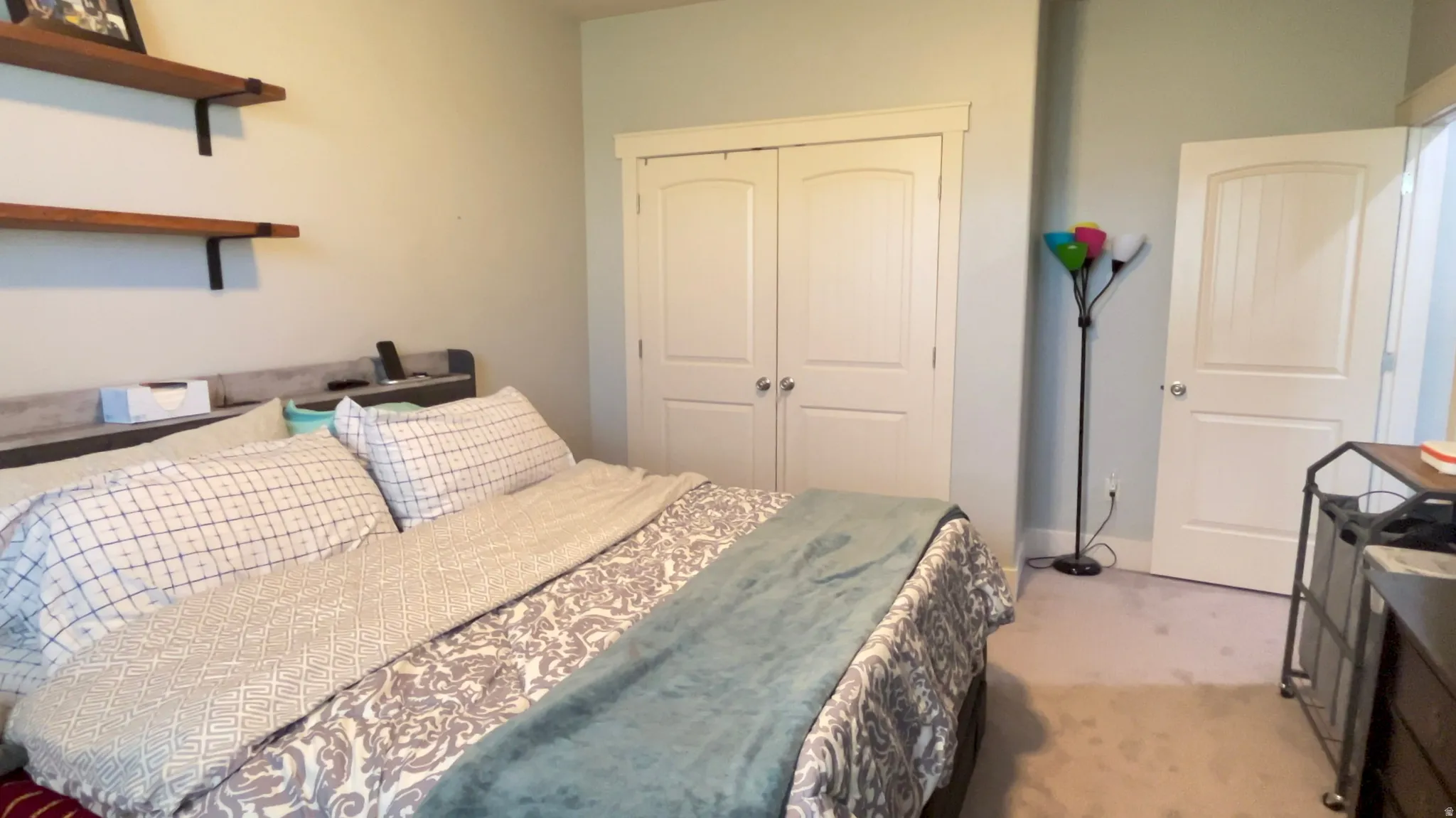 Carpeted bedroom featuring a closet