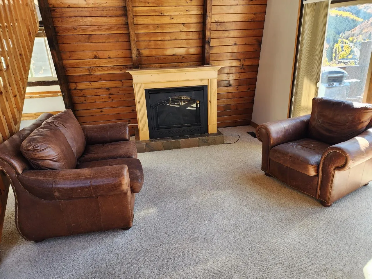 Carpeted living room with a fireplace and wood walls