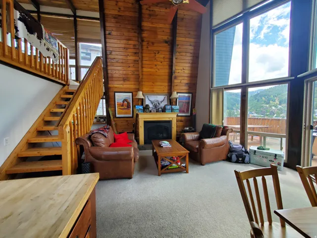 Living area featuring wooden walls, a high ceiling, a fireplace, and carpet floors