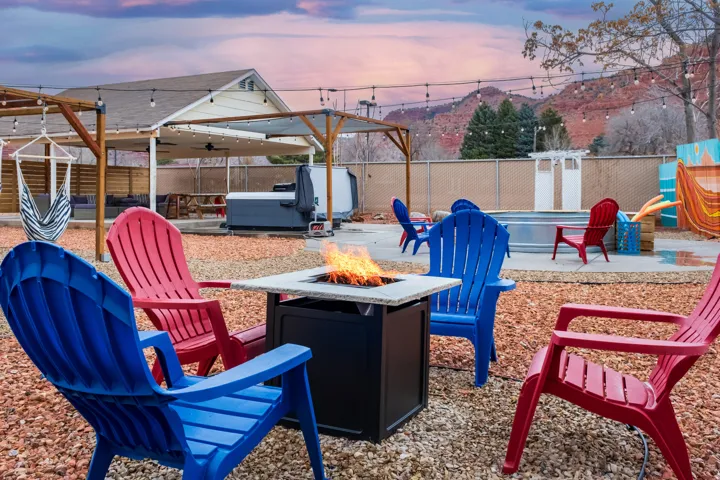 Our communal outdoor space includes: Views, fire pit, seating, cowboy pool, hammocks, hammock chairs, covered patio, BBQ, string lights on timers, wifi connectivity, pergolas, shades