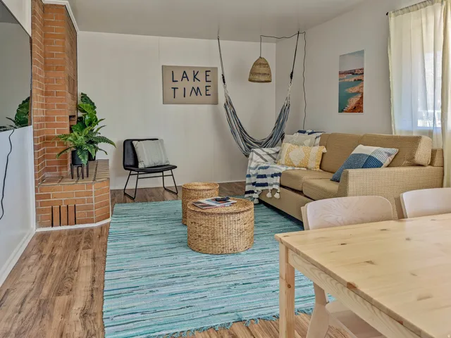 Unit 7 living room with fireplace