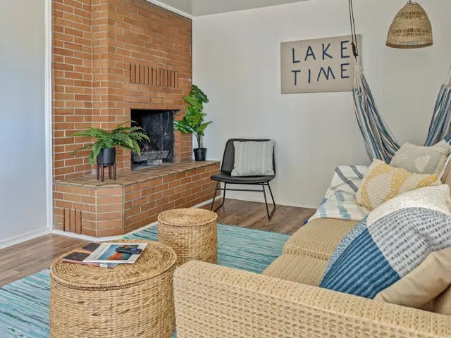 Unit 7 living room with fireplace