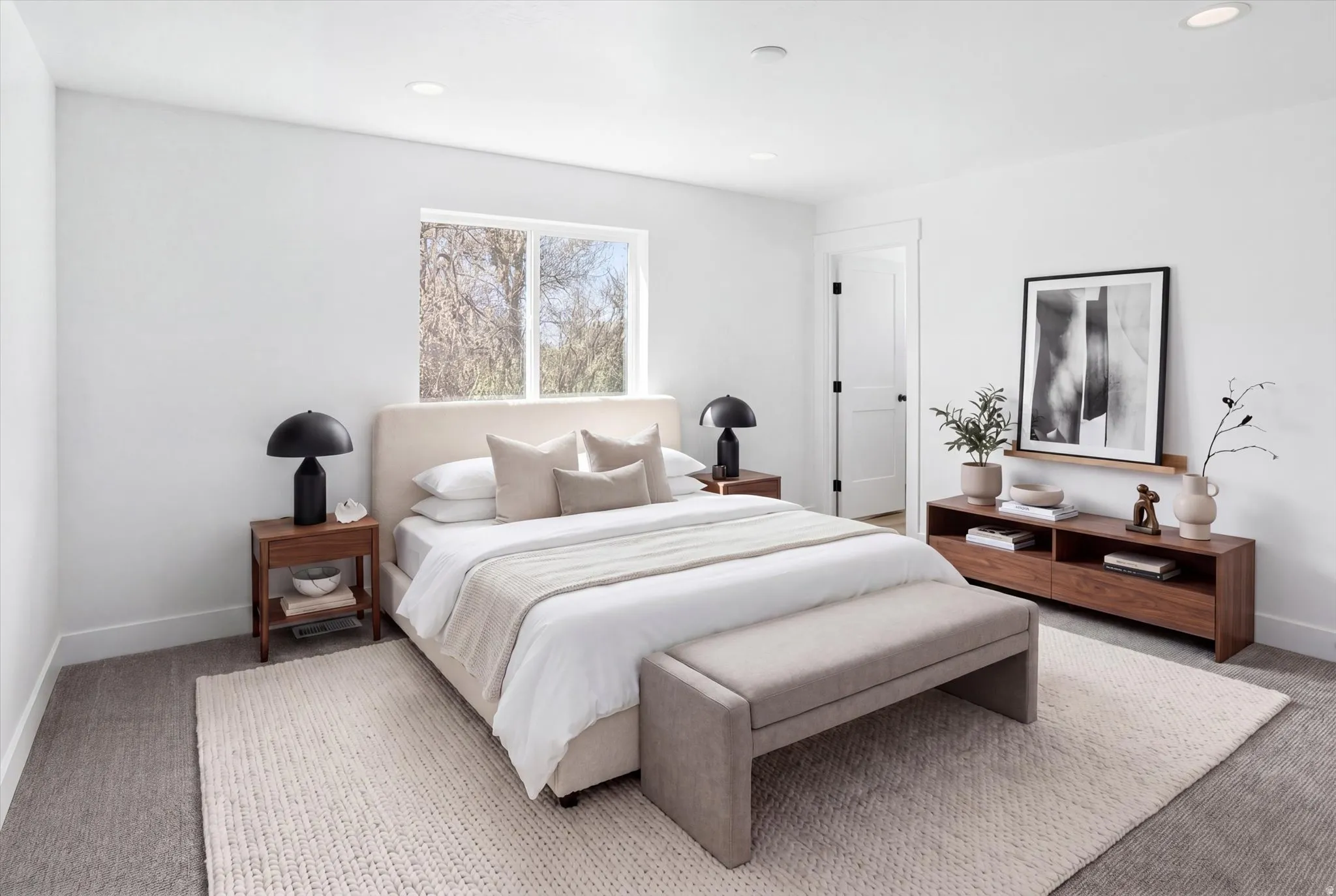 Digitally Staged Master Bedroom featuring carpet floors and recessed lighting