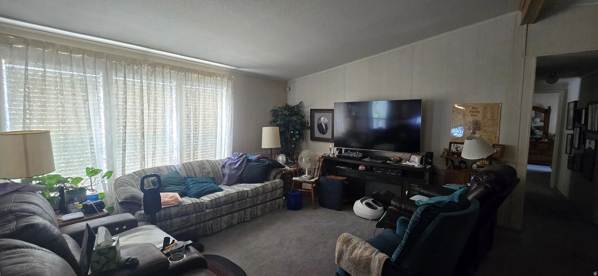 Carpeted living room with lofted ceiling