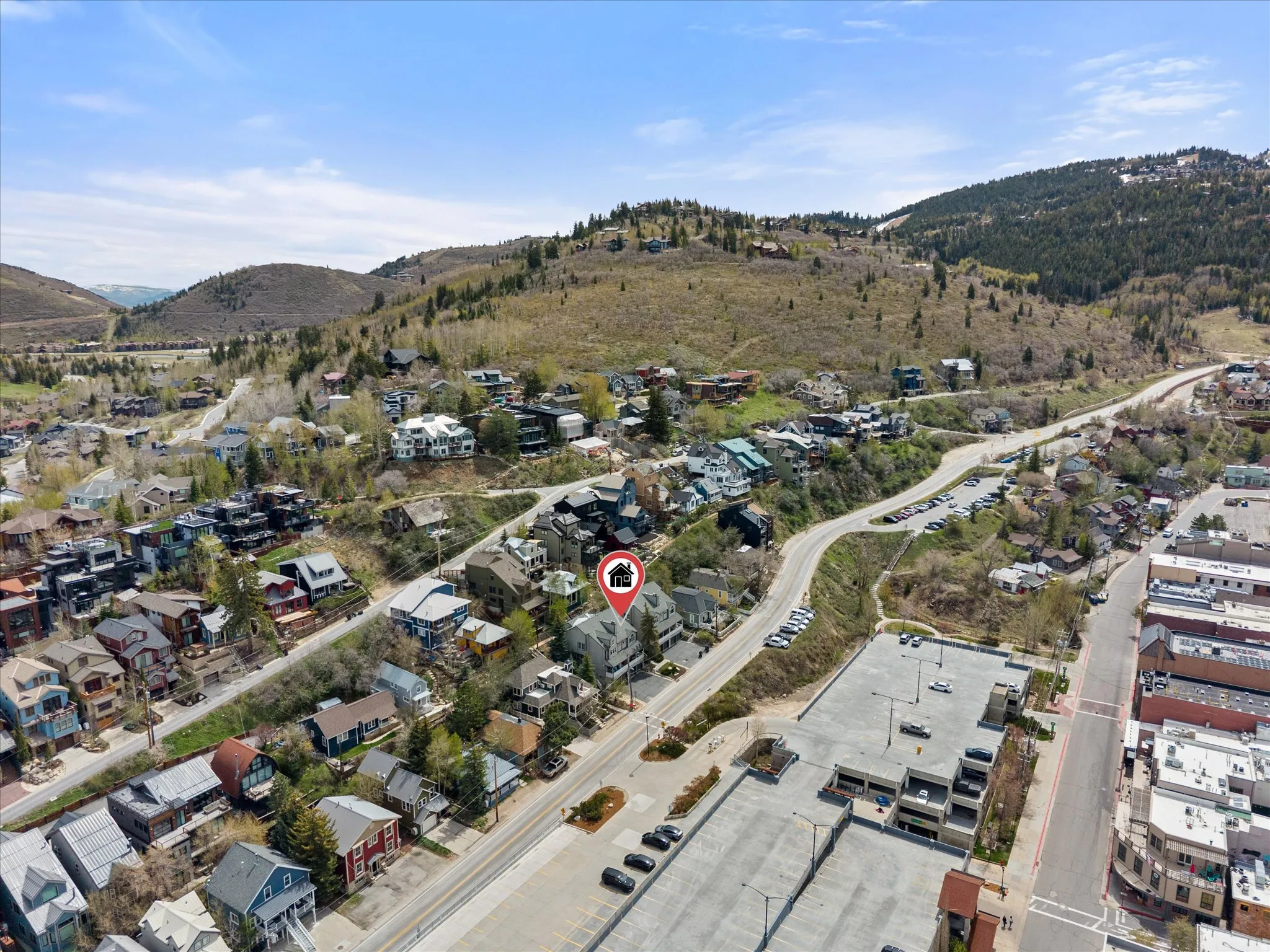 Aerial perspective of suburban area seconds from historical Park City main street.