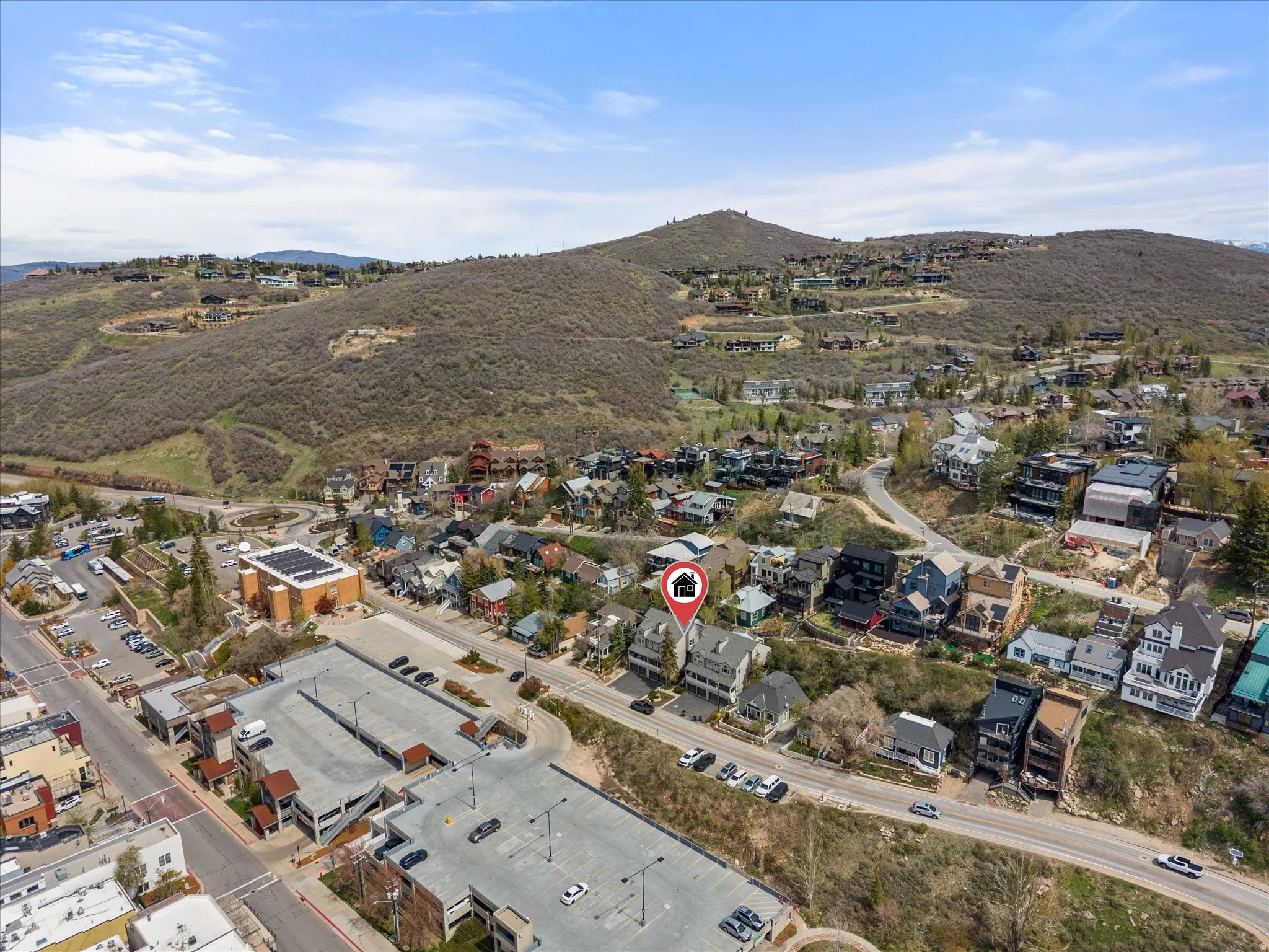 Aerial perspective of suburban area seconds from historical Park City main street.