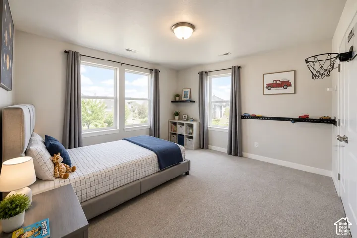 Carpeted room with multiple windows, a ceiling-mounted light fixture, and a built-in wall shelf
