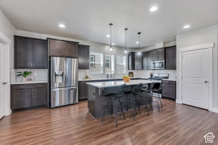 Kitchen featuring wood-finish flooring, dark wood cabinetry, white countertops, and a full suite of stainless steel appliances