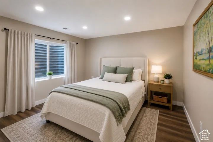 Recessed lighting, wood-finish flooring, light-toned walls, and a window with a deep sill
