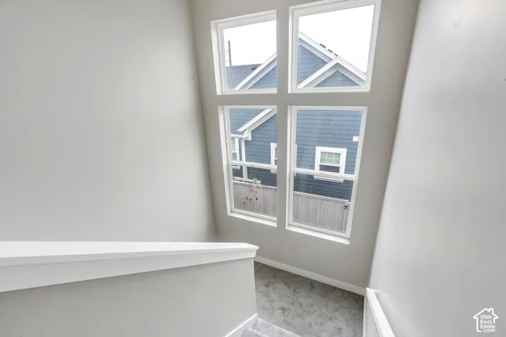 Stairwell with white painted walls, white handrail, and carpeted treads