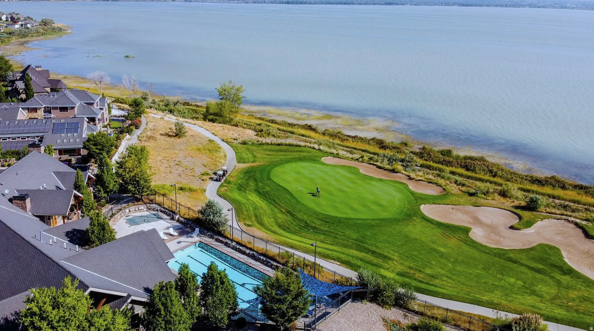 Bird's eye view of a golf course and Utah Lake