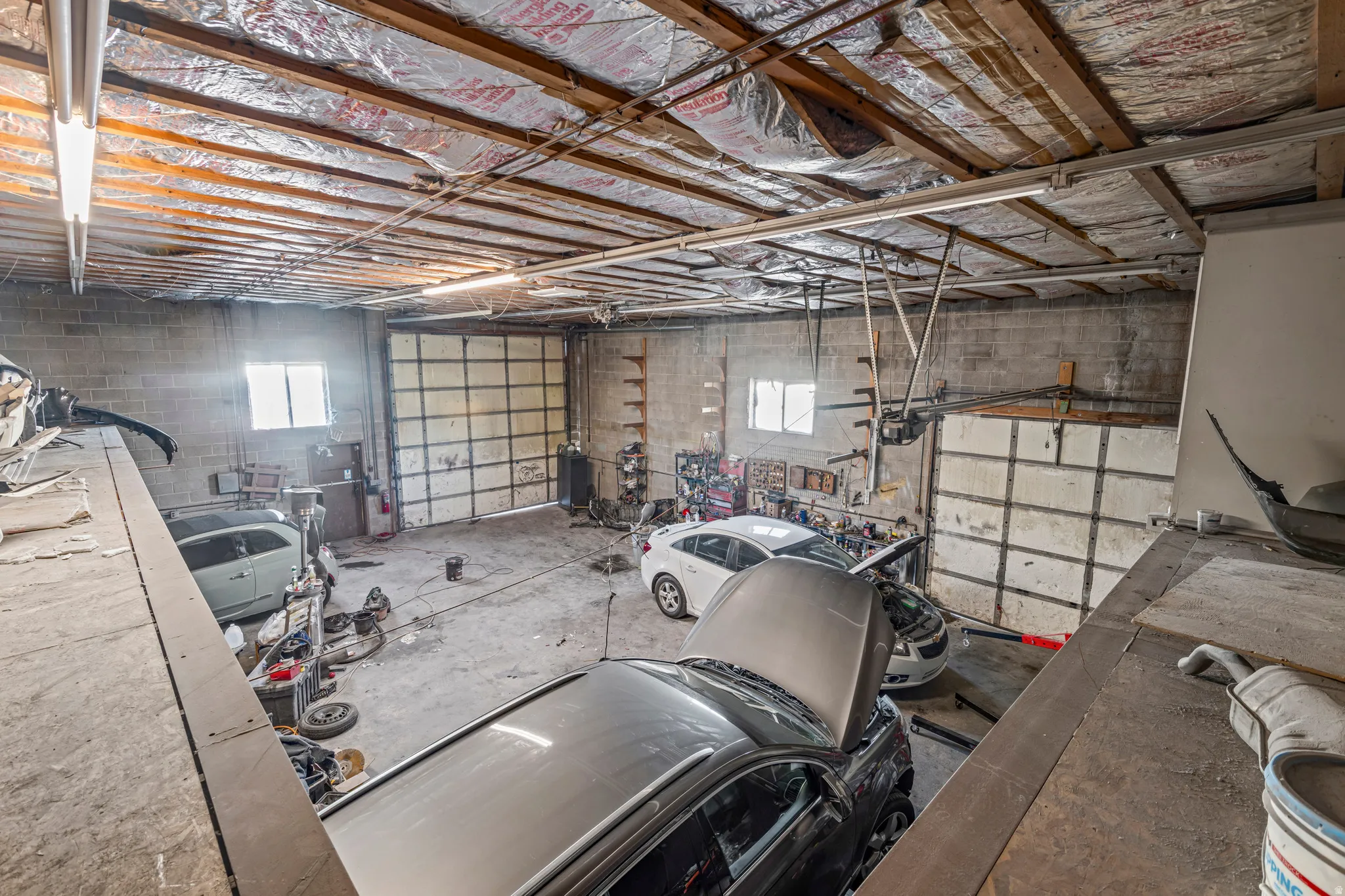 Garage with concrete block wall