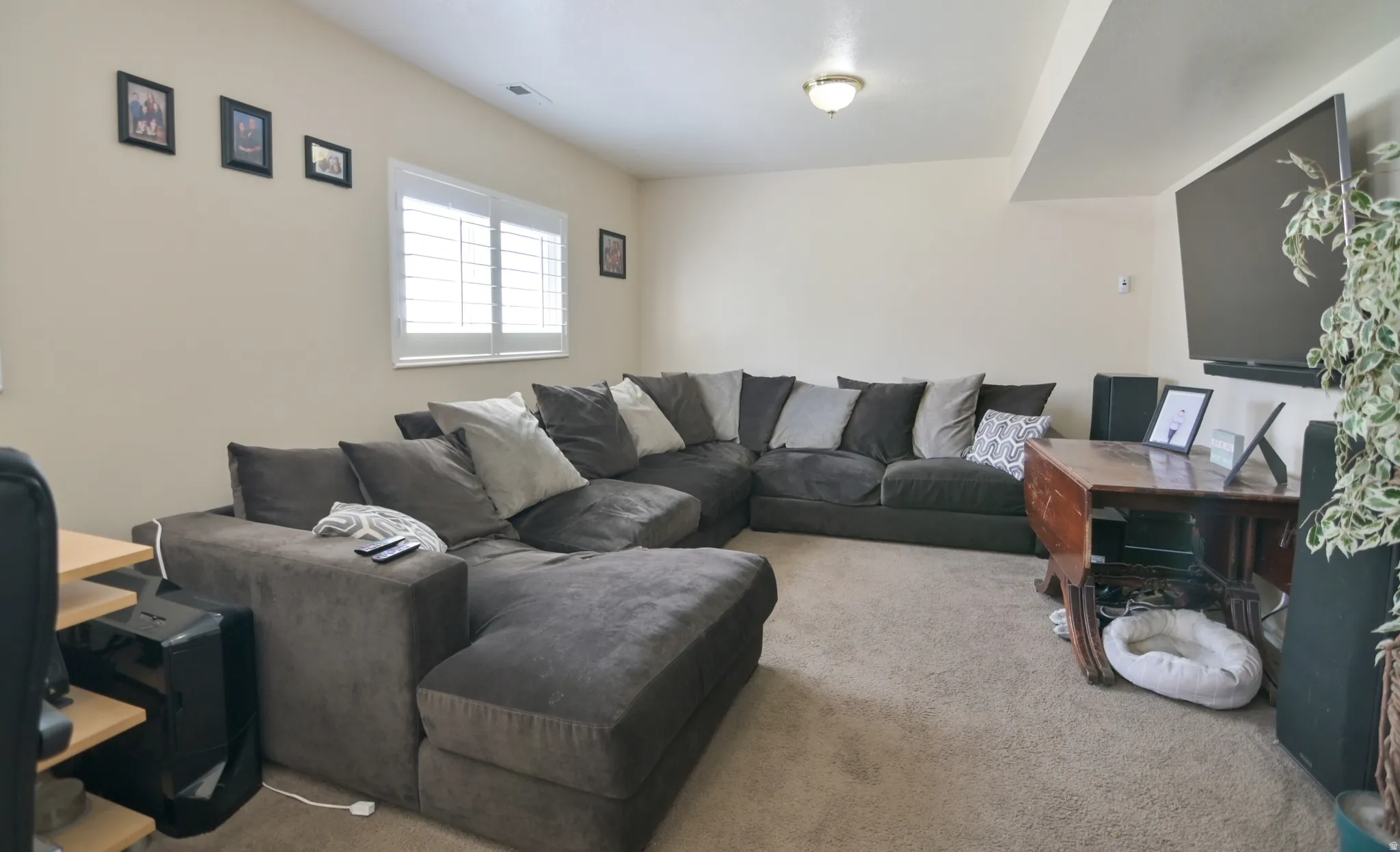 Living area with carpet flooring