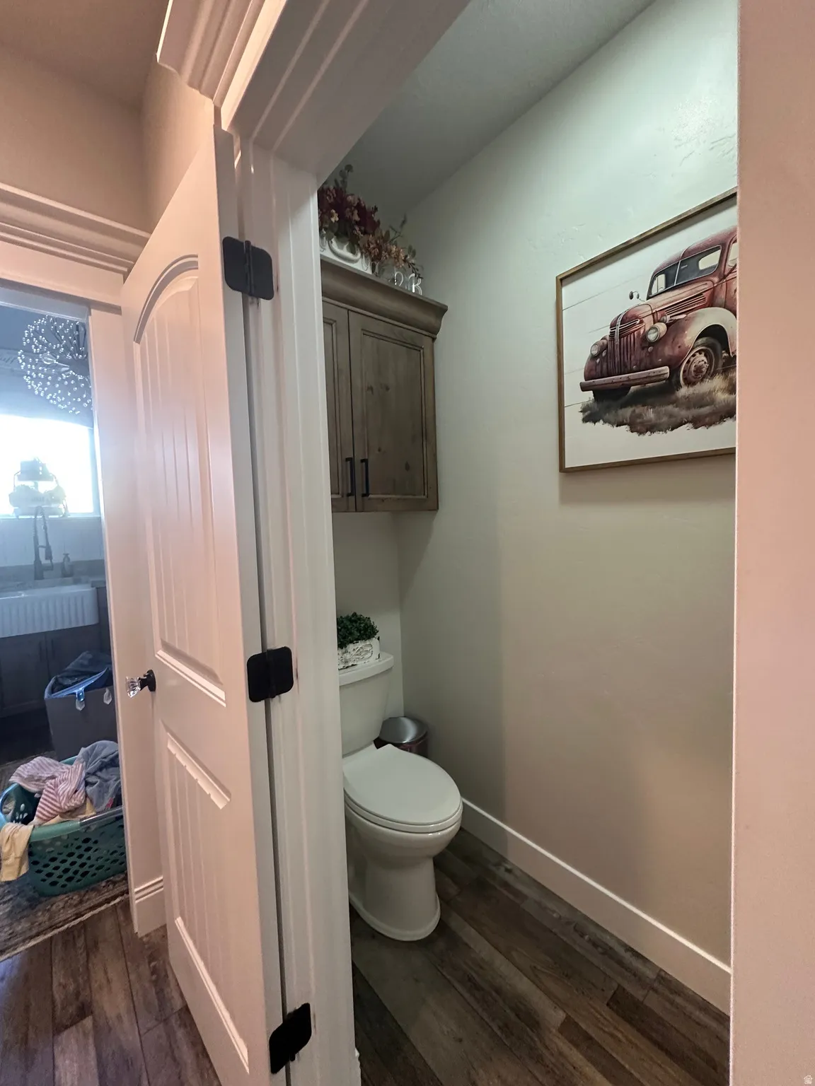 Bathroom with baseboards and dark wood-style floors