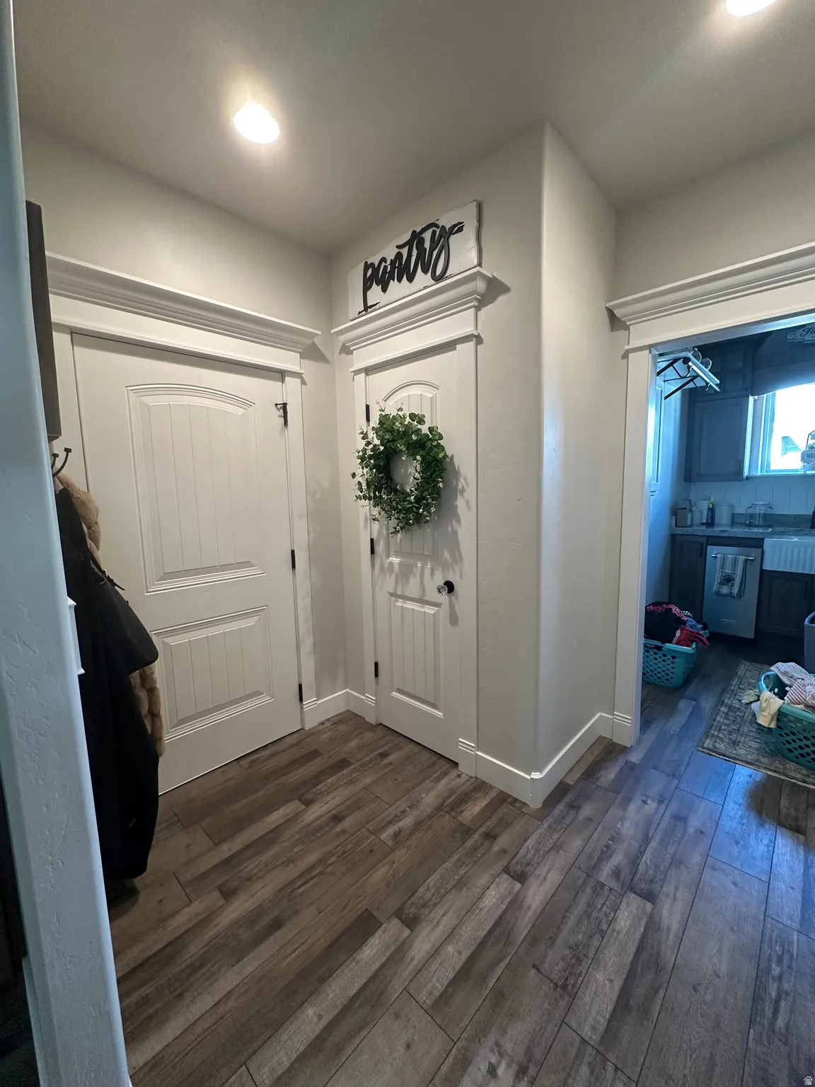 Foyer entrance featuring dark wood-style flooring