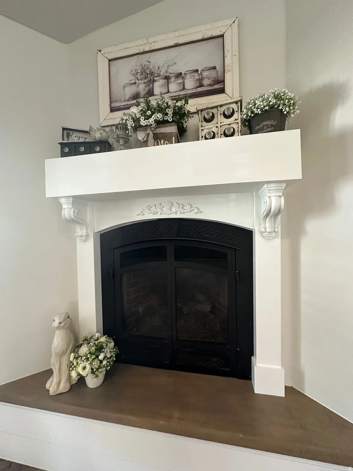 Detailed view of a glass covered fireplace