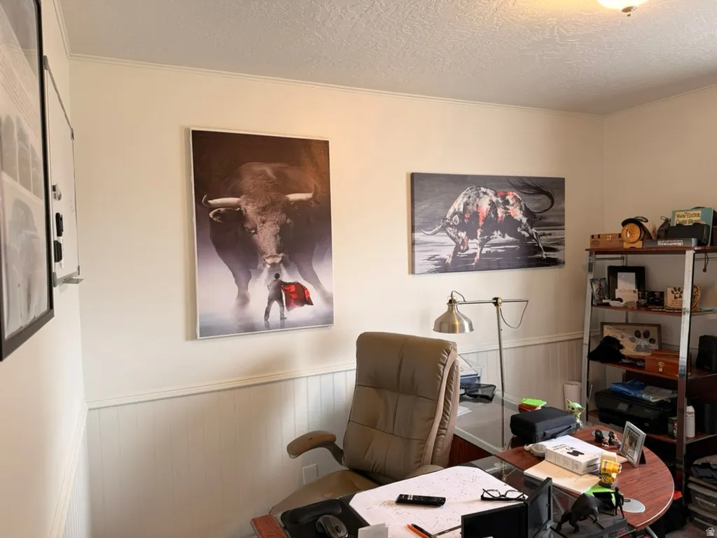 Office space with a wainscoted wall, a textured ceiling, and crown molding