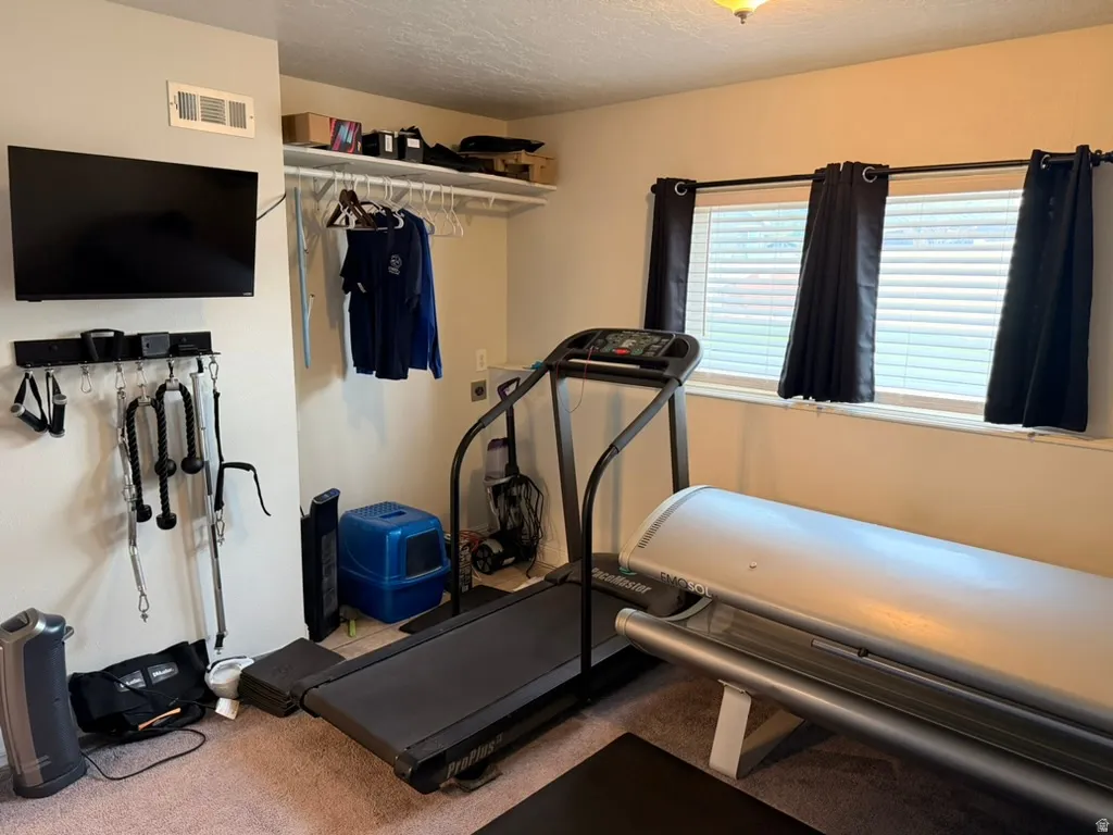 Exercise room featuring a textured ceiling and light carpet