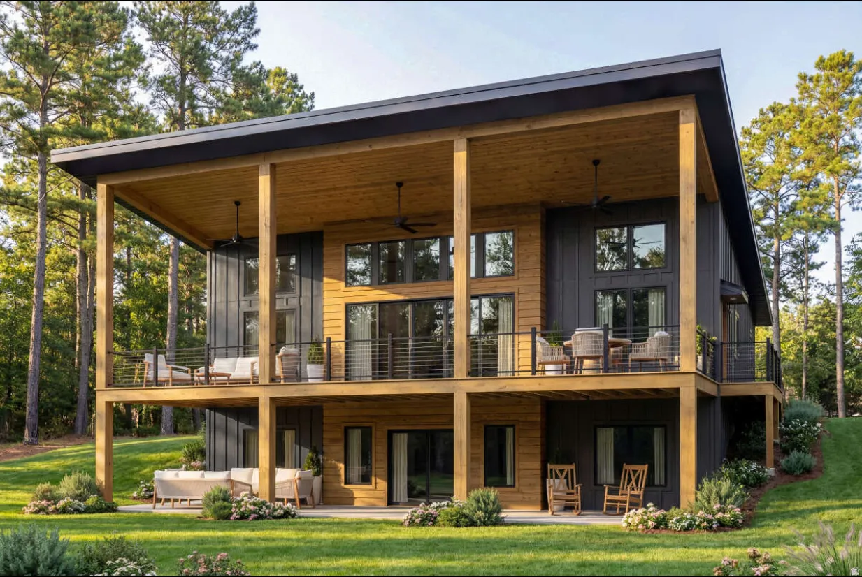 Back of house with a yard, board and batten siding, and a ceiling fan
