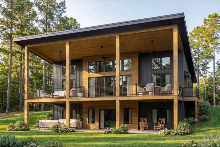 Back of house with a yard, board and batten siding, and a ceiling fan