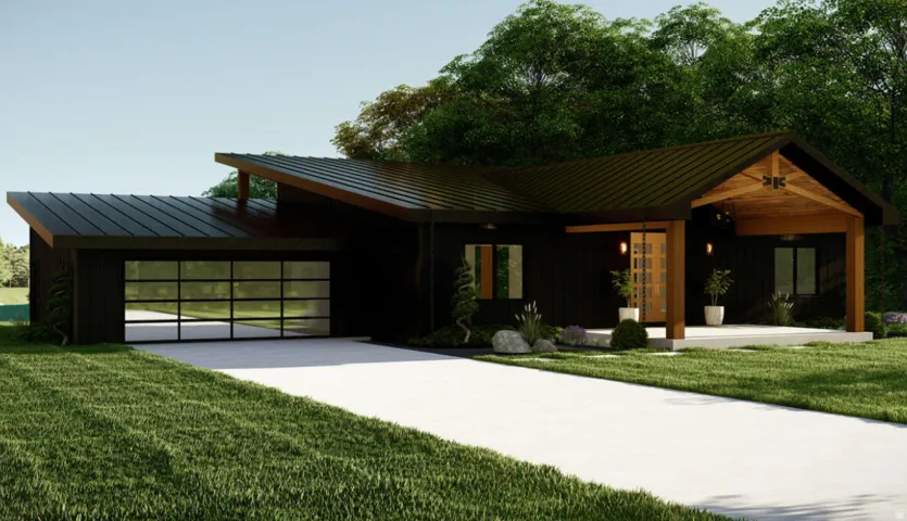 View of front of property with a standing seam roof, a front yard, concrete driveway, a garage, and board and batten siding