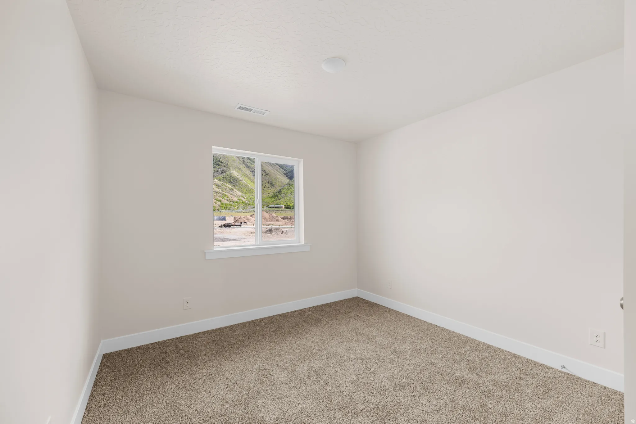 Neutral-toned room featuring carpet flooring and white baseboards