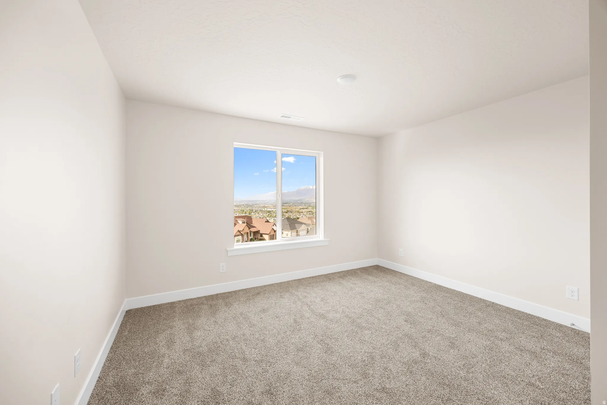 Bright interior space featuring a double-paned window, neutral carpet flooring, white baseboards, and a recessed ceiling light