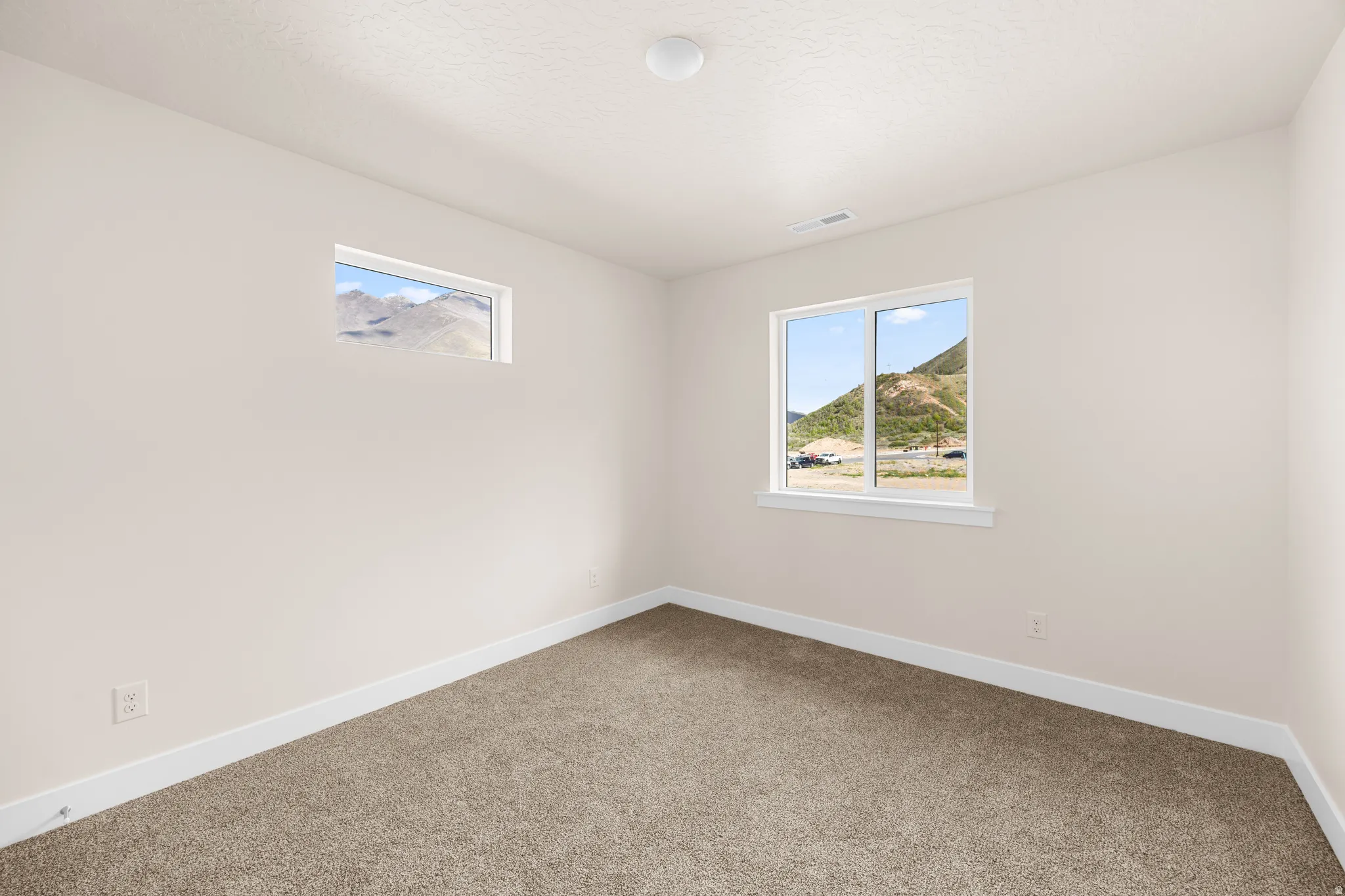 Bedroom featuring neutral wall paint, two windows, wall-to-wall carpeting, and white baseboards
