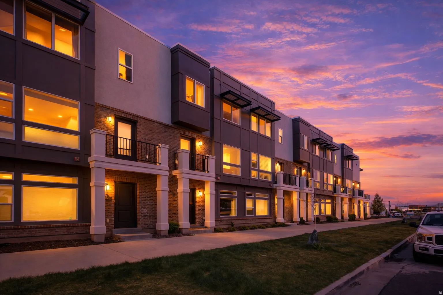 Property at dusk featuring a view of apartment building / complex