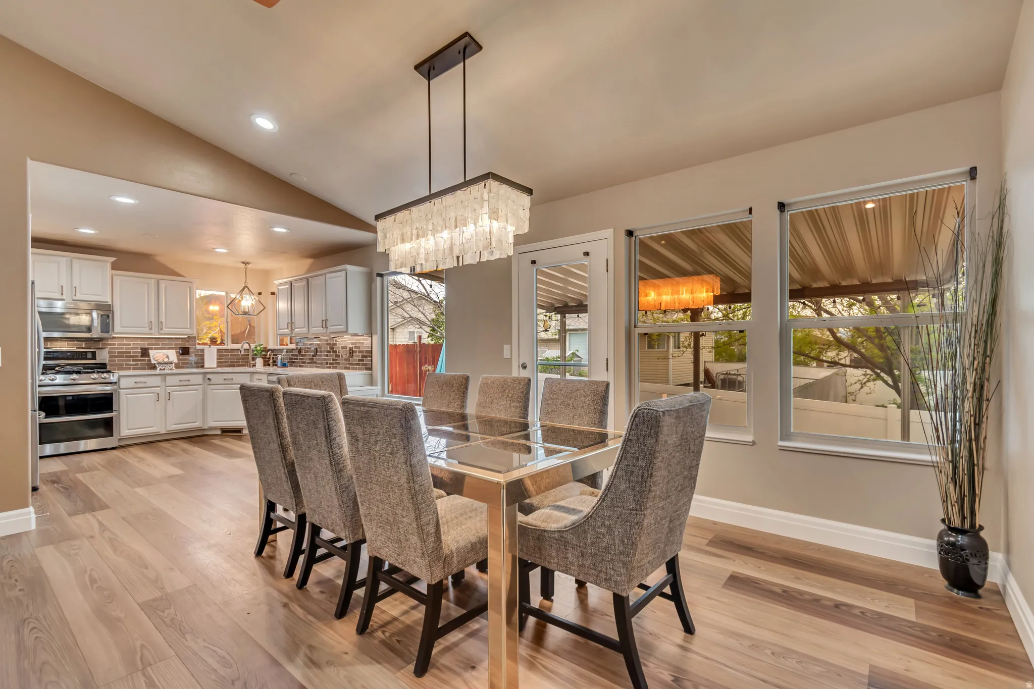 Great angle shot from the dining room into the kitchen.