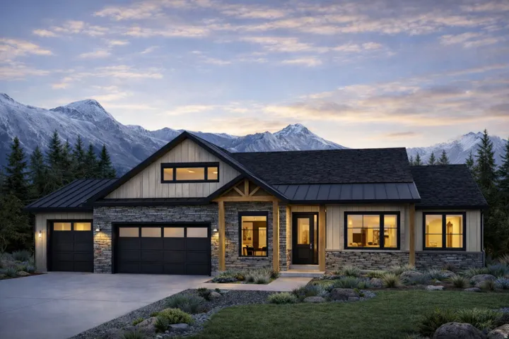 Modern farmhouse featuring a mountain view, stone siding, driveway, a standing seam roof, and a porch