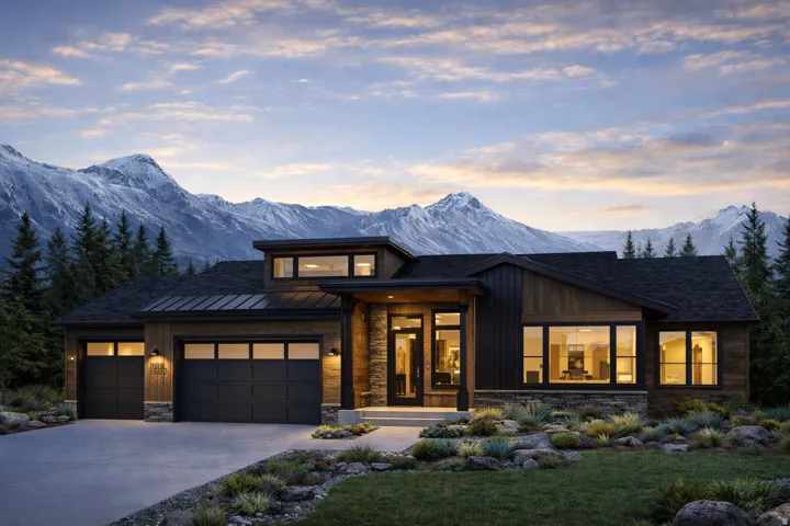 View of front facade with a porch, stone siding, driveway, a garage, and a mountain view