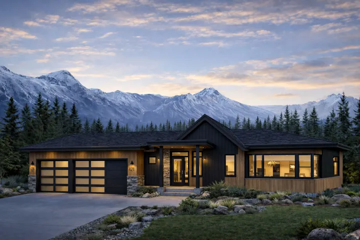 Modern home featuring a garage, stone siding, concrete driveway, a mountain view, and covered porch