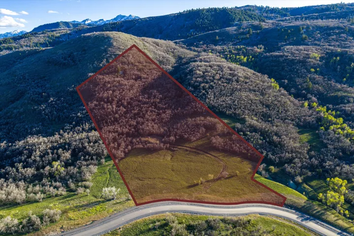 Aerial view of property and surrounding area with property boundaries highlighted and a mountainous background