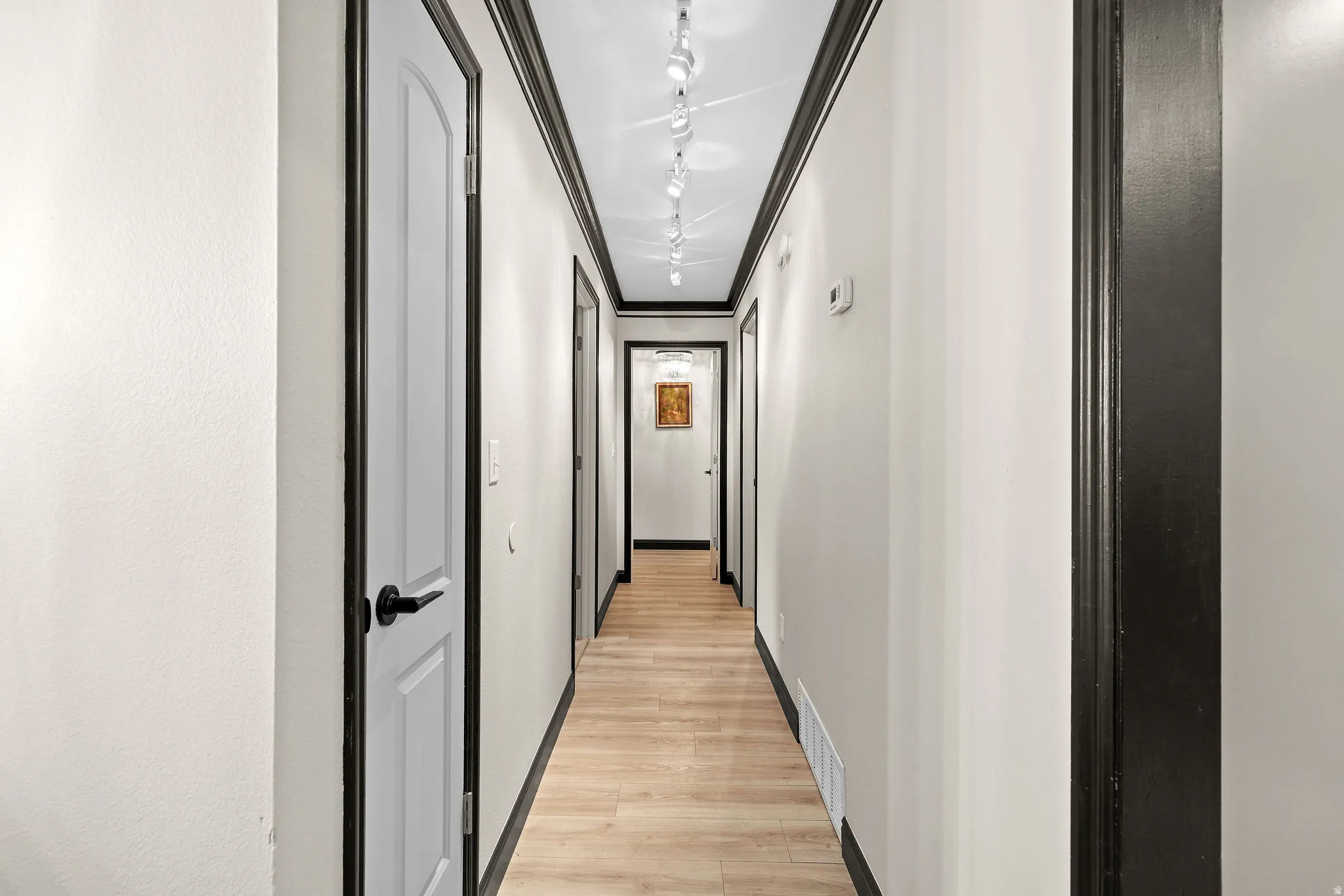 Hallway featuring crown molding, light wood finished floors, and track lighting