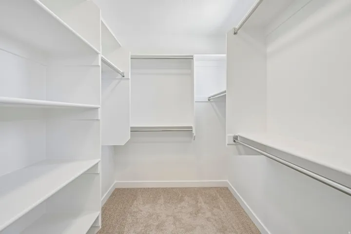 Walk-in closet featuring built-in shelving, multiple hanging rods, and carpet flooring