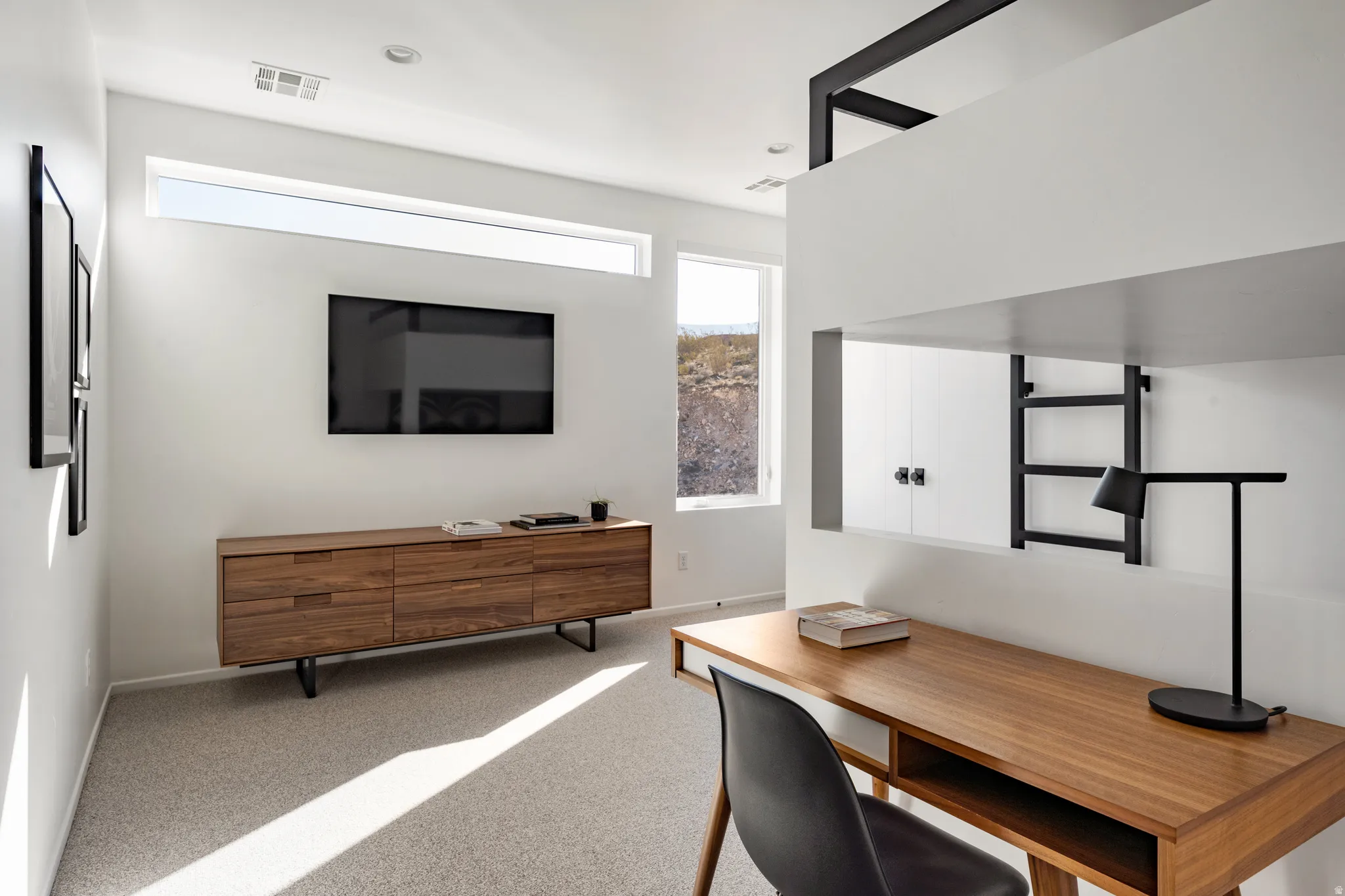 Office featuring light colored carpet