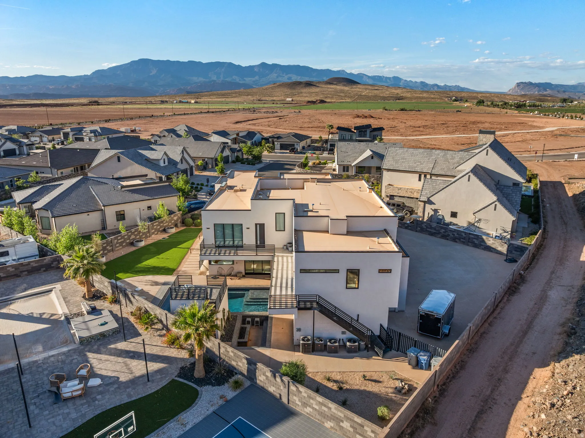 Aerial view of residential area with mountains